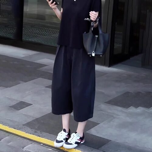 藏青色伞山本裤女2025流行新款高腰宽松时尚气质通勤百搭七分裤子