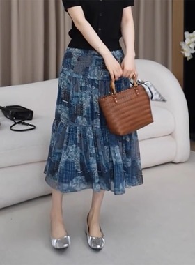 蓝色晕染印花半身裙女2025年夏季新款洋气大摆裙宽松休闲A字裙子
