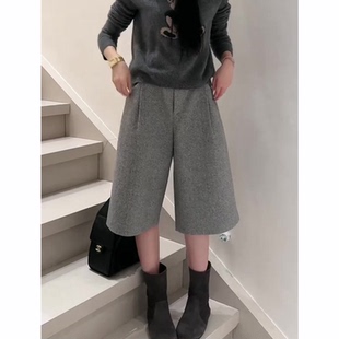 百搭减龄阔腿裤 高腰显瘦时尚 子 女秋冬流行新款 灰色六分毛呢休闲裤