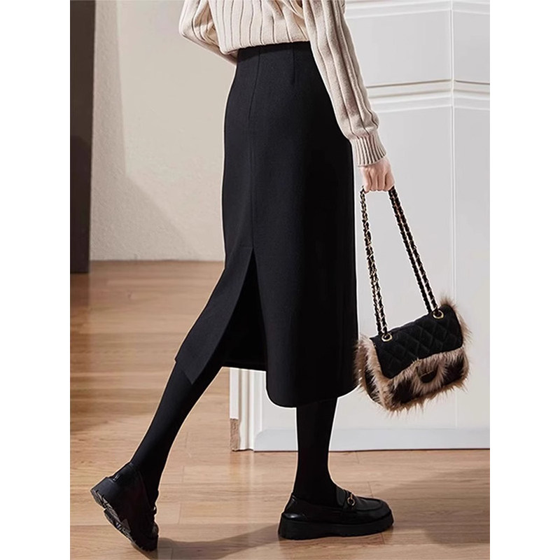 黑色开叉毛呢半身裙女冬季新款大码胖mm显瘦高腰小个子西装a字裙