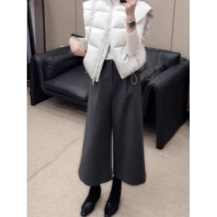 百搭宽松直筒阔腿裤 高腰显瘦时尚 子 女秋冬新款 灰色八分毛呢休闲裤