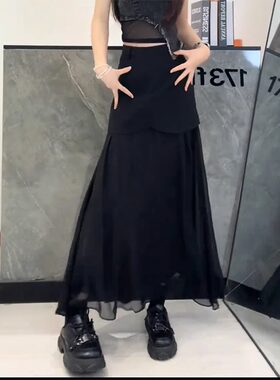 黑色法式轻熟风高腰雪纺拼接垂感半身裙25年夏季新款宽松显瘦半裙