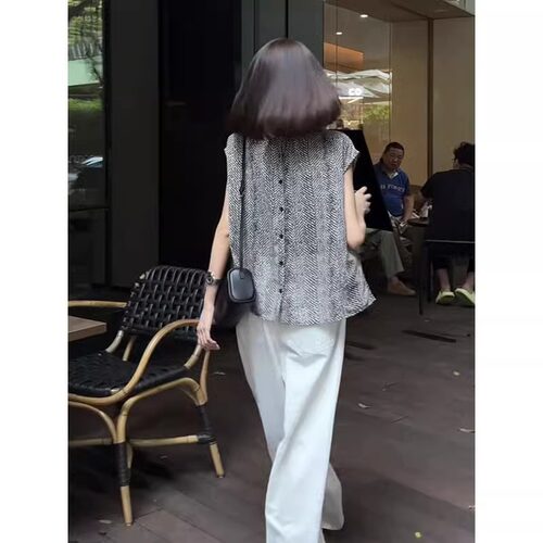 条纹小飞短袖衬衫女装夏季两面穿设计感小众流行漂亮法式立领上衣