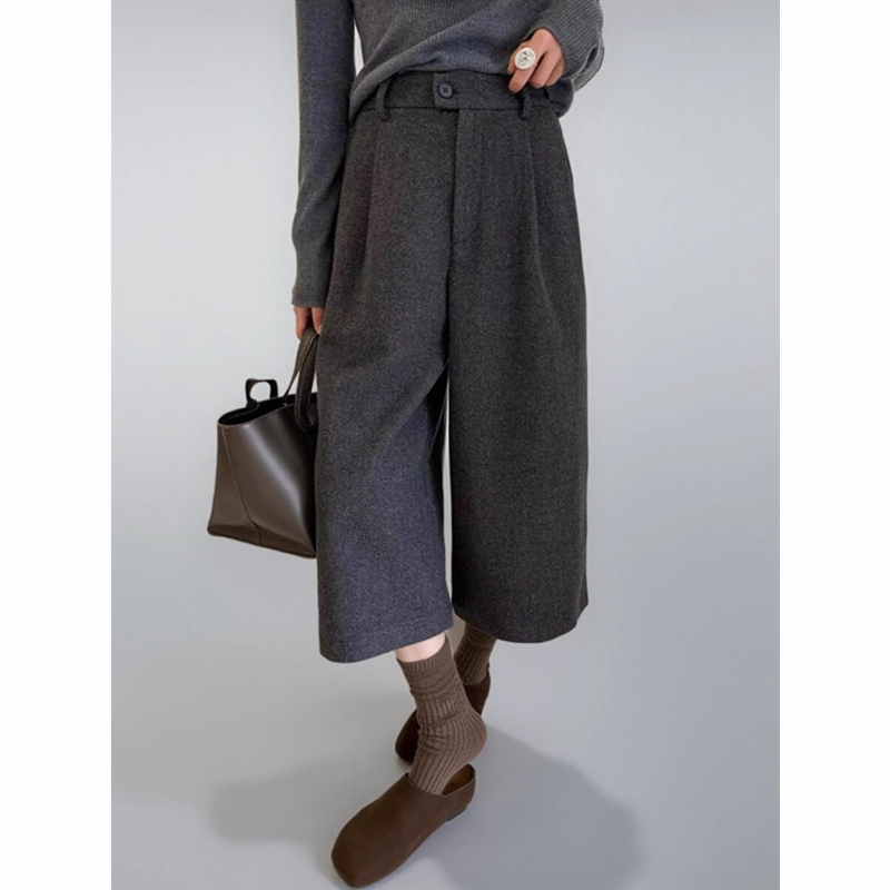 2025冬季新款羊毛呢八分西装裤款女纯色高级显瘦加厚小个子阔腿裤
