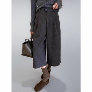 新款 女纯色高级显瘦加厚小个子阔腿裤 羊毛呢八分西装 款 裤 2025冬季