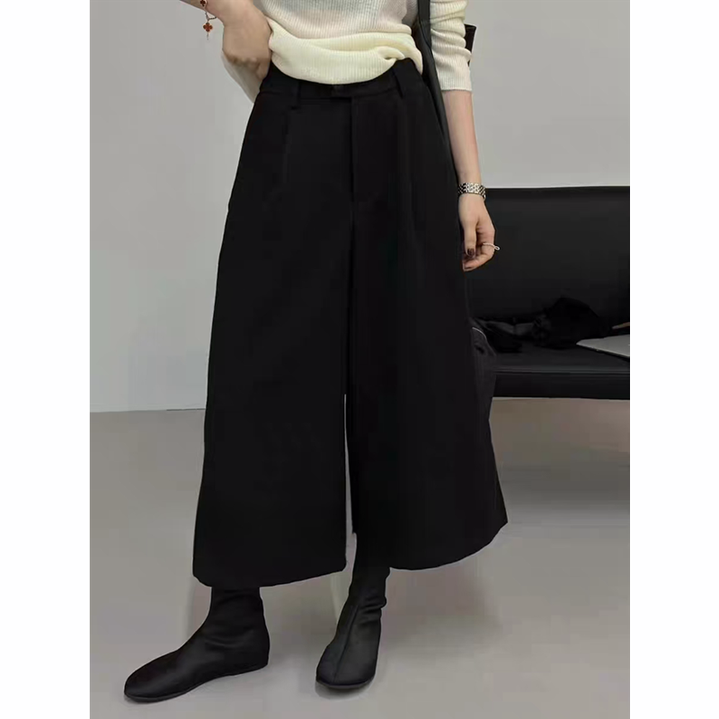 小个子休闲裤女秋冬新款欧货时尚纯色毛呢宽松显高腰瘦阔腿八分裤