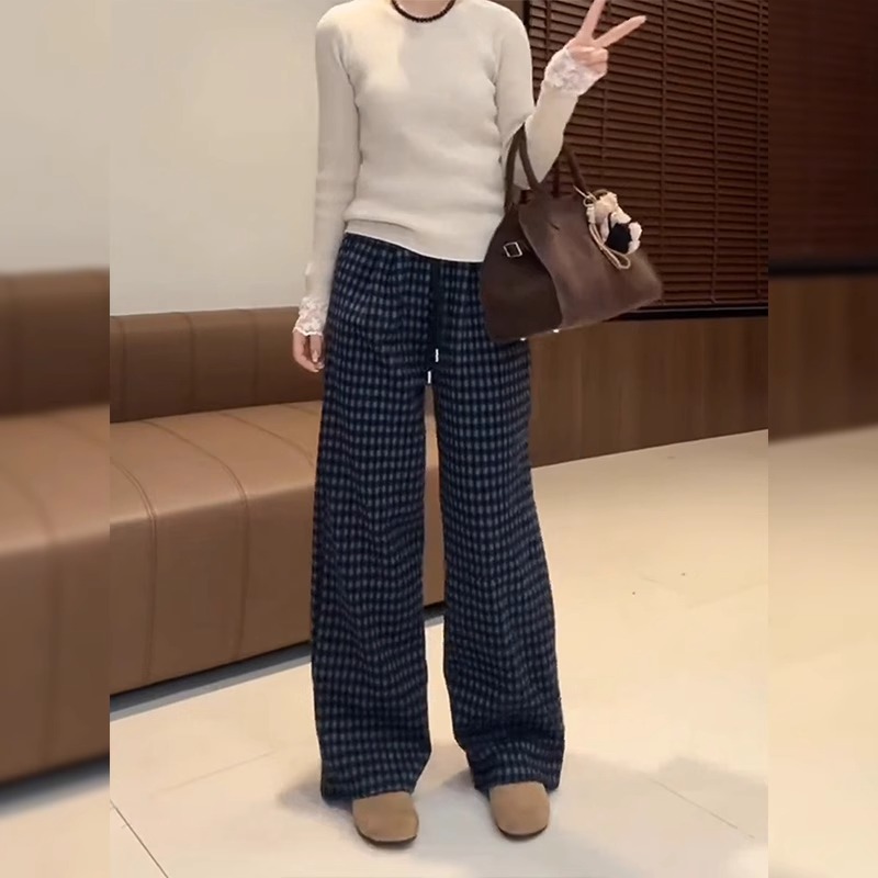 加绒加厚毛呢格子裤女冬季新款大码胖mm梨形身材小个子直筒阔腿裤