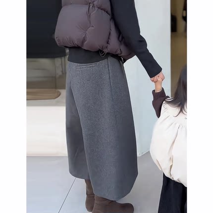 灰色八分毛呢阔腿裤女冬季2025新款小个子显瘦气质时尚宽松休闲裤