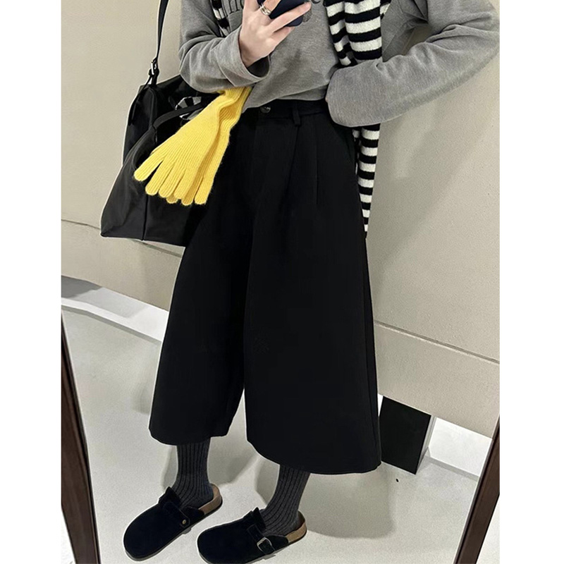 毛呢裤女秋冬加绒大码胖mm宽松慵懒七分裤黑色阔腿裤休闲糯米裤子