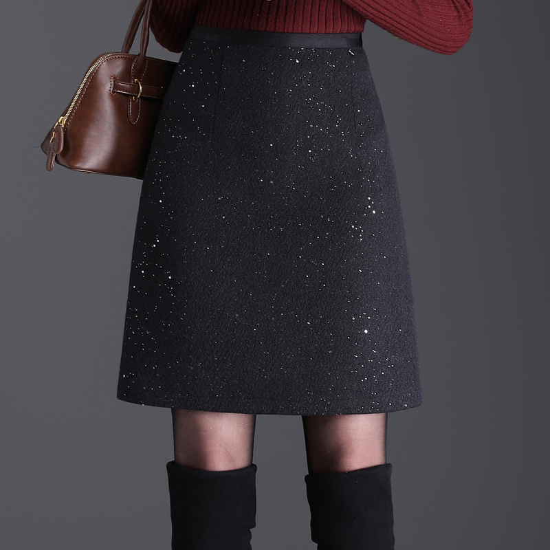 毛呢亮片半身裙女秋冬2025新款高腰a字裙小个子气质显瘦包臀短裙