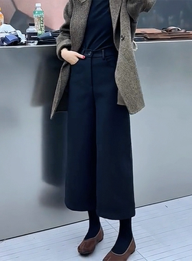 简约百搭黑色高腰气质毛呢九分裤女秋冬新款休闲裤宽松遮胯阔腿裤