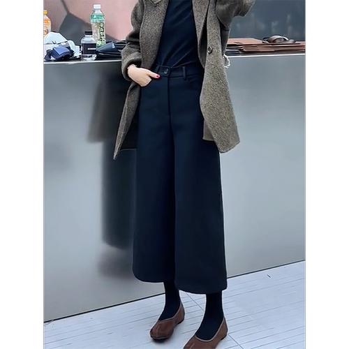 简约百搭黑色高腰气质毛呢九分裤女秋冬新款休闲裤宽松遮胯阔腿裤