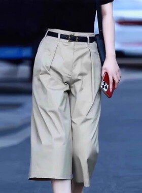 复古直筒阔腿西装裤女2026年夏季新款高腰褶皱宽松冰丝六分七分裤