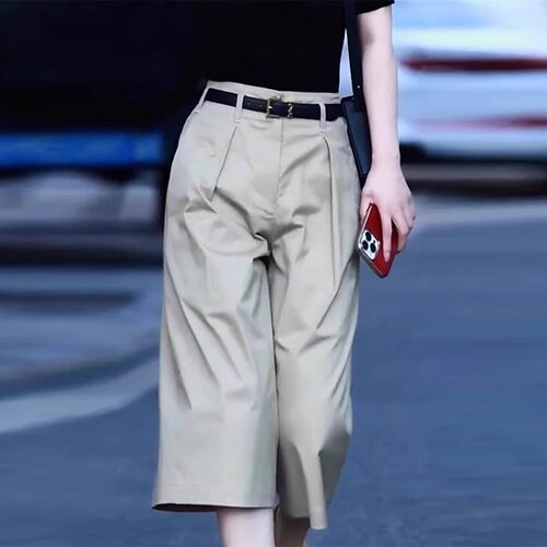 复古直筒阔腿西装裤女2026年夏季新款高腰褶皱宽松冰丝六分七分裤