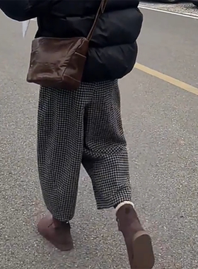 宽松大码胖mm遮肉格子弯刀裤女秋冬新款小个子高腰九分休闲阔腿裤