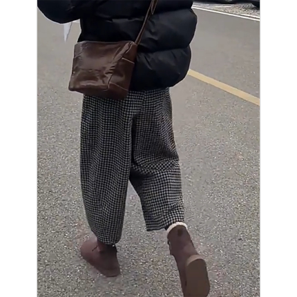 宽松大码胖mm遮肉格子弯刀裤女秋冬新款小个子高腰九分休闲阔腿裤