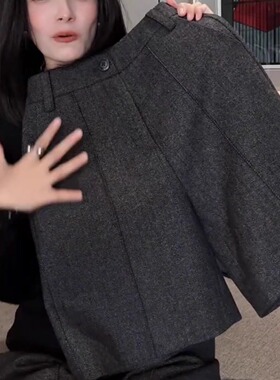 黑灰色毛呢五分裤女2025秋季流行新款高腰宽松时尚百搭阔腿中裤子