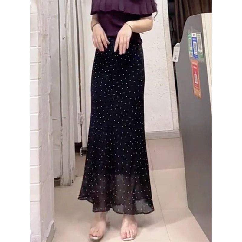 薄款法式淑女波点洋气裙子2025年夏季新款高腰黑色包臀鱼尾裙长裙