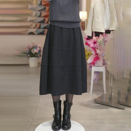 灰色毛呢花苞裙女秋冬新款高腰显瘦遮肉时尚百搭洋气休闲半身裙子
