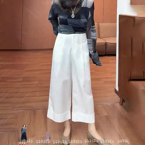 白色卷边休闲裤女2025流行新款高腰简约宽松时尚气质百搭阔腿裤子