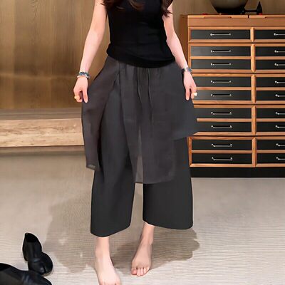 大码2026夏季高腰极简百搭假两件西装裤女胖mm遮胯显瘦八分阔腿裤