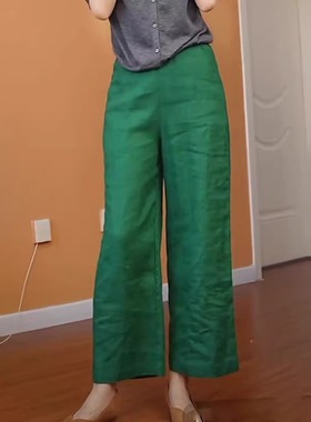 绿色休闲宽松舒适阔腿裤女2025夏季新款遮胯清新收腰舒适休闲裤