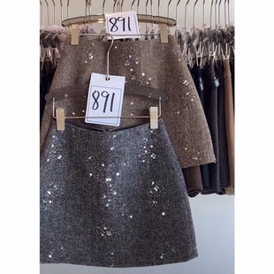 欧货重工亮片短裙女2025秋冬新款 气质高腰显瘦毛呢A字包臀裙 时尚