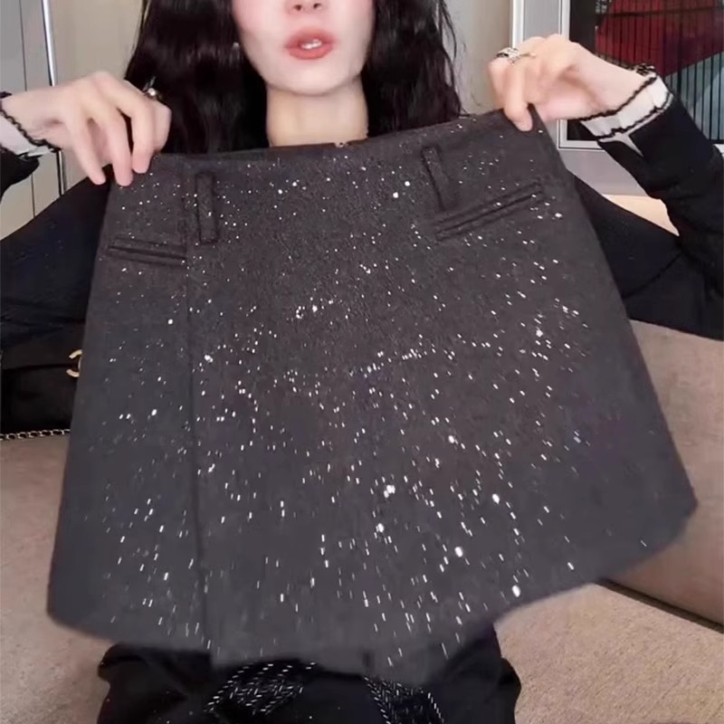 欧货亮闪闪毛呢裙裤女冬季新款大码梨形身材小个子加厚a字包臀裙