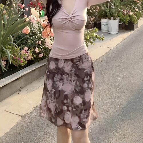 韩版时尚法式复古黑粉碎花松紧腰中印花A字裙高腰显瘦气质短裙女