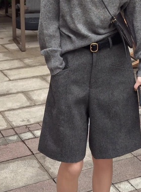 2025秋季新款深灰色毛呢中裤女高腰显瘦时尚通勤设计感阔腿短裤