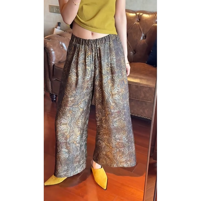2025年夏季新款复古印花阔腿裤女高腰显瘦直筒垂感休闲裤宽松裤子