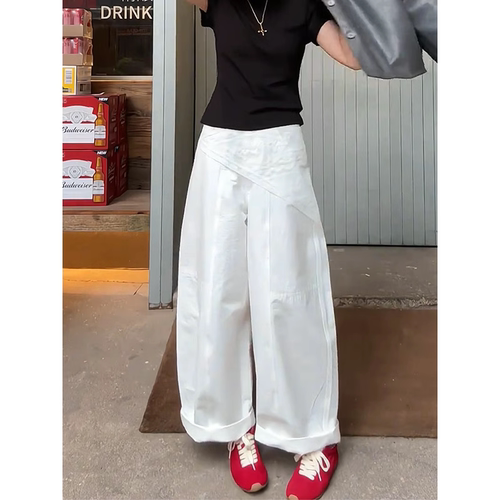 气质宽松胖mm白色阔腿弯刀裤女2026年夏季新款高腰百搭休闲长裤子