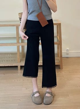 黑色裤子女款小个子垂感休闲直筒裤大码胖mm显瘦九分蕾丝边微喇裤