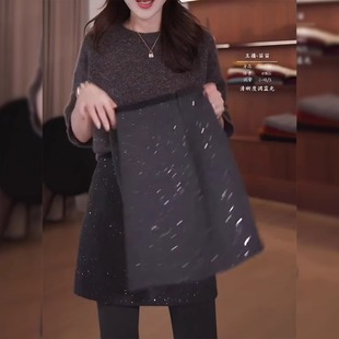 胖mm梨形身材小个子包臀短裙 大码 灰色亮闪闪毛呢半身裙女冬季 新款