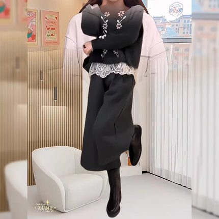 黑色毛呢休闲裤女冬季胖m新款大码梨形身材小个子八分阔腿裤