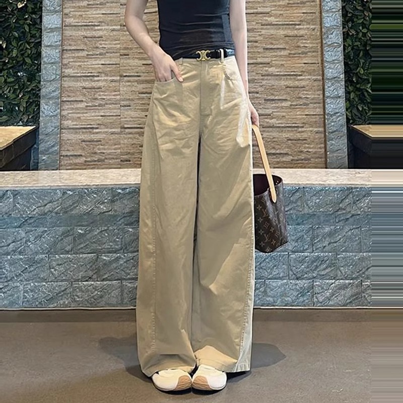 美式复古卡其色休闲裤女夏季新款宽松显瘦高腰直筒阔腿拖地长裤子
