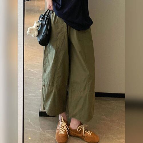 2026年新款美式炸街慵懒风休闲显瘦军绿色速干工装九分阔腿裤子女