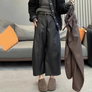 通勤休闲高腰宽松显瘦九分裤 新款 女2025冬季 简约风黑色PU皮阔腿裤
