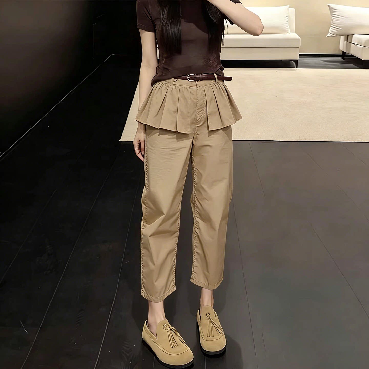 卡其色假两件屁帘裤女2026夏季流行新款高腰洋气小众百搭九分裤子图片