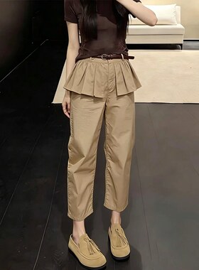 卡其色假两件屁帘裤女2026夏季流行新款高腰洋气小众百搭九分裤子