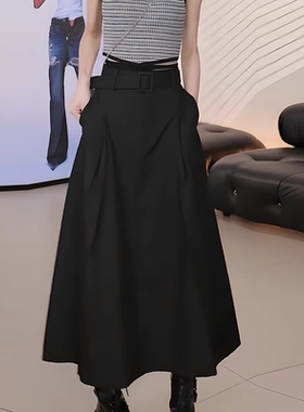 夏季韩版黑色半身裙女2026新款时尚高腰显瘦设计感A字休闲中长裙