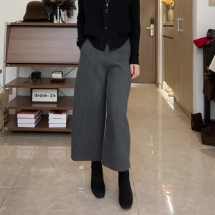 灰色加厚毛呢阔腿裤女冬季2026新款胖mm宽松显瘦加绒直筒九分裤