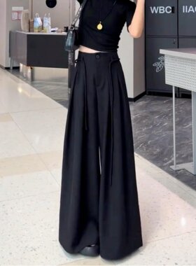 高级感欧货黑色阔腿裤女2026年春夏新款高腰压褶垂感休闲西装裤子