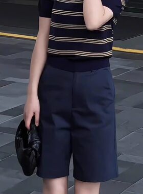 藏青色西装短裤女2026新款高腰显瘦宽松小个子阔腿五分中裤薄