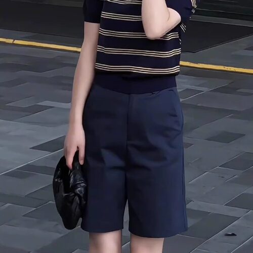 藏青色西装短裤女2026新款高腰显瘦宽松小个子阔腿五分中裤薄
