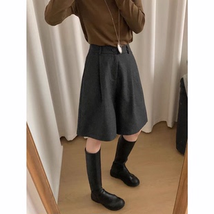 小个子显瘦直筒a字五分裤 2025秋冬韩系高腰毛呢阔腿短裤 女士中裤