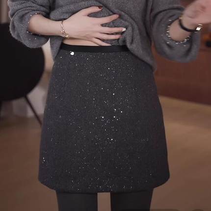 韩系冬季精致闪闪半身裙女百搭洋气A字显瘦包臀裙高级感毛呢短裙
