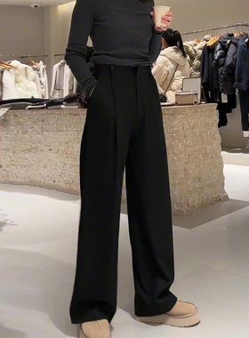 极简黑色毛呢休闲裤女秋冬新款高腰显瘦时尚百搭窄版直筒阔腿裤子