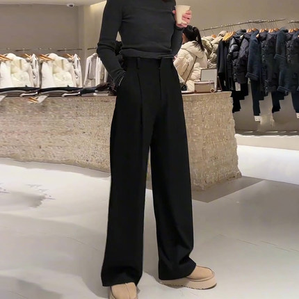 极简黑色毛呢休闲裤女秋冬新款高腰显瘦时尚百搭窄版直筒阔腿裤子