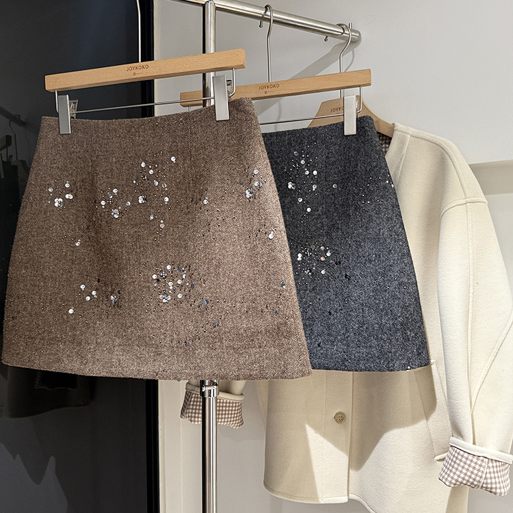 秋冬新款韩系穿搭半身裙女钉珠亮片a字裙高腰显瘦毛呢包臀裙短裙